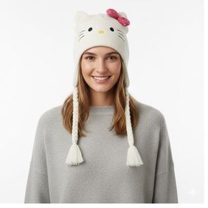 Hello Kitty White‎ Knit Beanie Hat | Pink Bow Winter Cap | One Size
